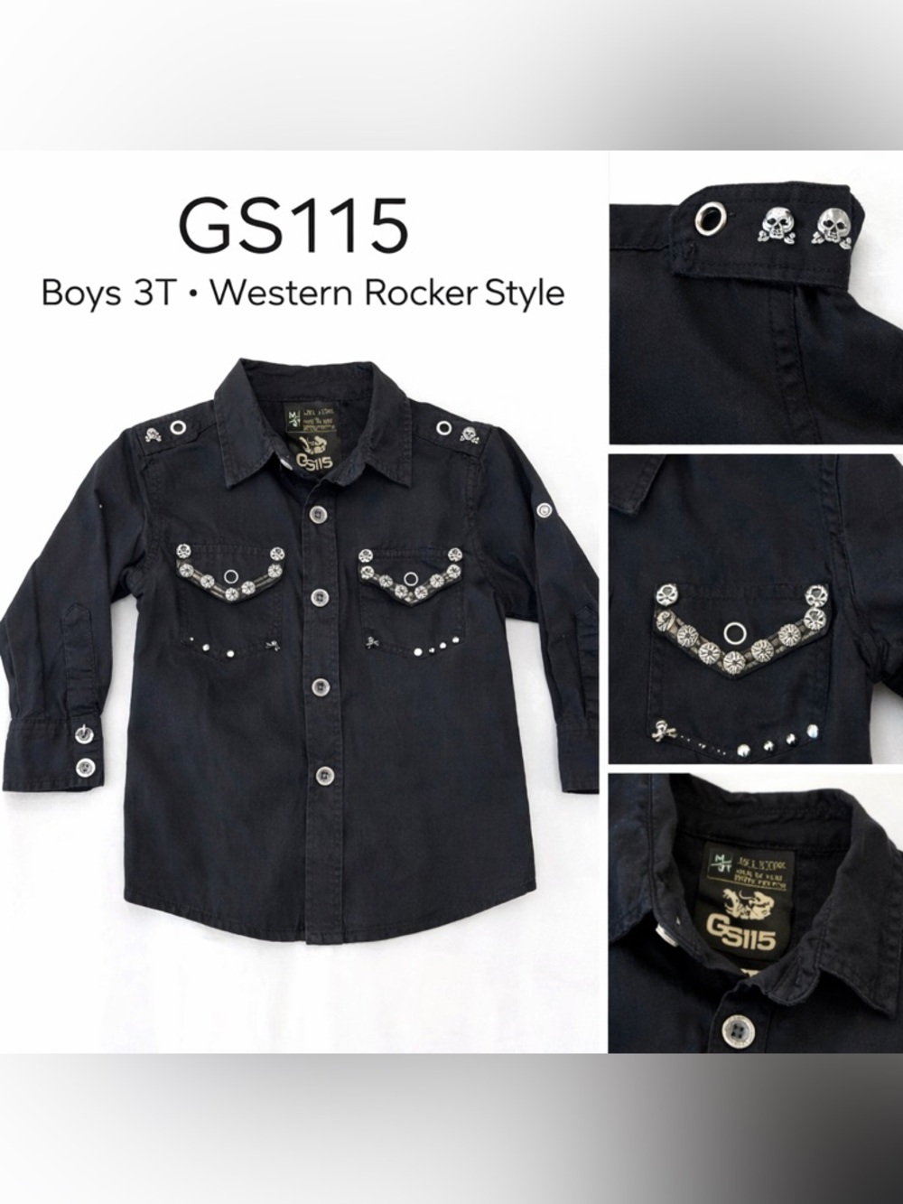 GS115 Boys 3T Black Western Button Up Shirt Skull Studded Rocker Style
